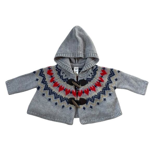 OshKosh B'gosh Fair Isle Cardigan Sweater Baby 3-6m Nordic Hooded Toggle Closure - Picture 2 of 10
